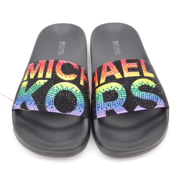 New Michael Kors 7 Gilmore Embellished Slide Sandals Black Multi - Picture 3 of 16